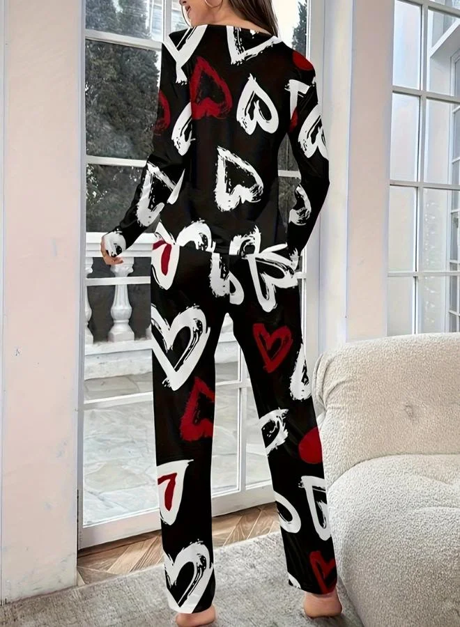 تايك تو طقم تيشيرت بأكمام طويلة بطبعة قلب مع بنطال