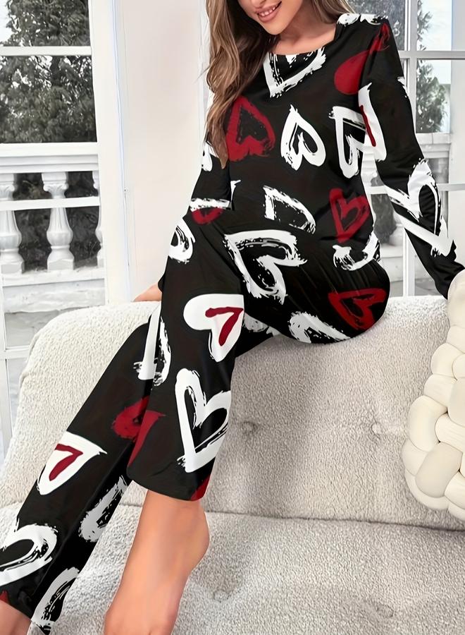 تايك تو طقم تيشيرت بأكمام طويلة بطبعة قلب مع بنطال - Image 1