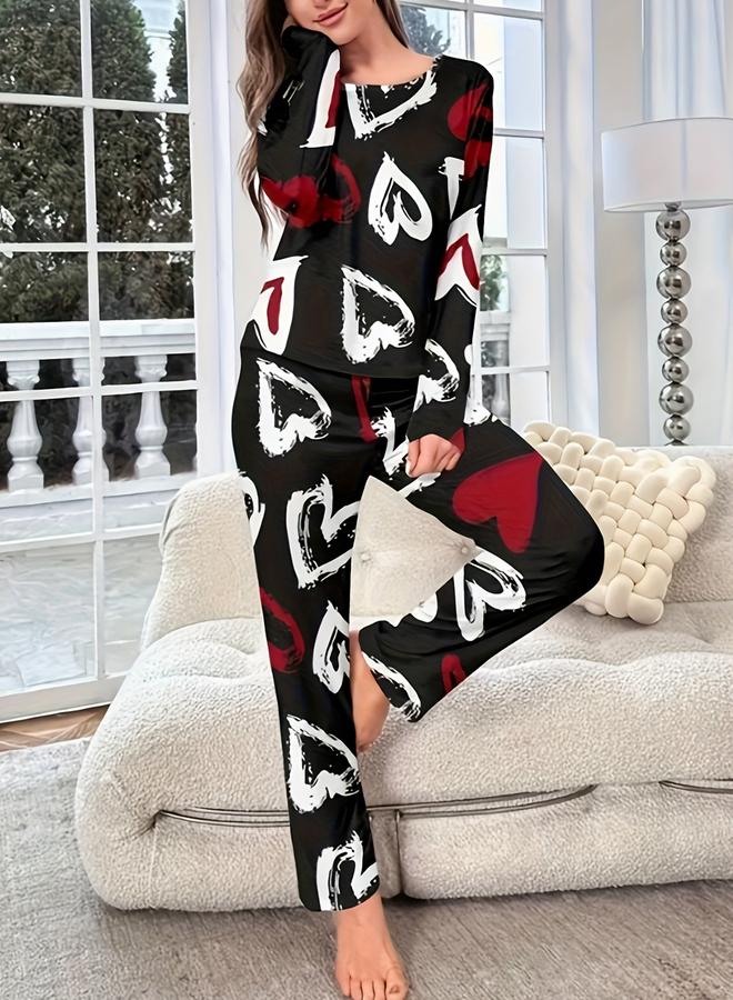 تايك تو طقم تيشيرت بأكمام طويلة بطبعة قلب مع بنطال - Image 4