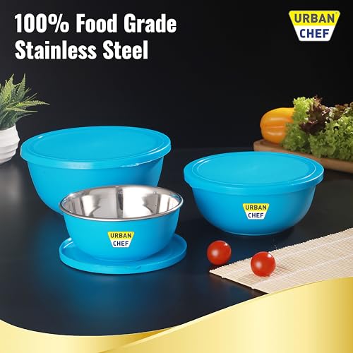 URBAN CHEF Mixing Bowl Set of 3 Stainless Steel (500ml, 800ml,1250ml) | Microwave Safe & Dishwasher Safe | Bowl Set with Lid for Gift | Bowls for Snacks | Serving Bowls Kitchen Accessories -Blue - Image 4