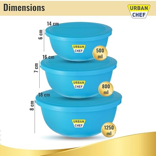 URBAN CHEF Mixing Bowl Set of 3 Stainless Steel (500ml, 800ml,1250ml) | Microwave Safe & Dishwasher Safe | Bowl Set with Lid for Gift | Bowls for Snacks | Serving Bowls Kitchen Accessories -Blue - Image 2