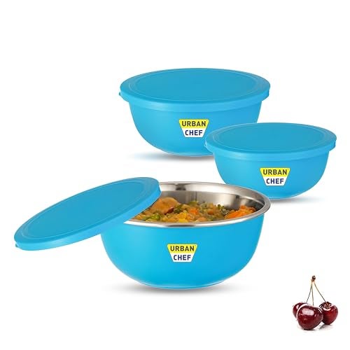 URBAN CHEF Mixing Bowl Set of 3 Stainless Steel (500ml, 800ml,1250ml) | Microwave Safe & Dishwasher Safe | Bowl Set with Lid for Gift | Bowls for Snacks | Serving Bowls Kitchen Accessories -Blue - Image 1