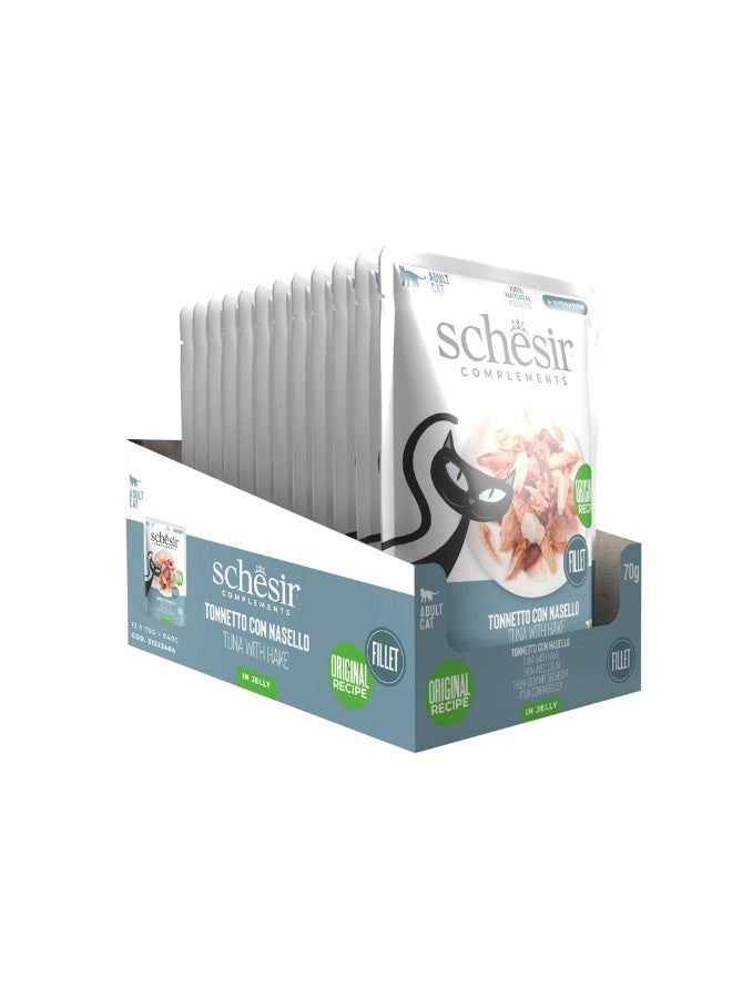 Schesir Tuna with Hake Cat Wet Food Jelly Pouch 70g x12 | Natural Fish Fillets | High Protein, Grain-Free, Supports Hydration & Digestive Health - Image 1