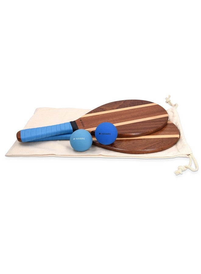 Navaris Wooden Beach Rackets Set - Includes 2 Wooden Paddles and 2 Balls - Varnished Outdoor Wood Paddle Bat Ball Game for Park or Garden - Blue - Image 1