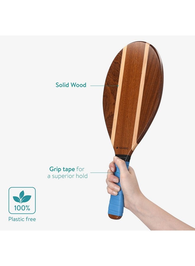 Navaris Wooden Beach Rackets Set - Includes 2 Wooden Paddles and 2 Balls - Varnished Outdoor Wood Paddle Bat Ball Game for Park or Garden - Blue - Image 4