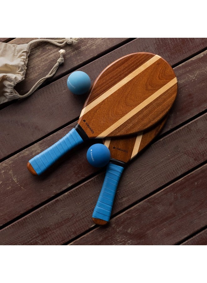 Navaris Wooden Beach Rackets Set - Includes 2 Wooden Paddles and 2 Balls - Varnished Outdoor Wood Paddle Bat Ball Game for Park or Garden - Blue - Image 2
