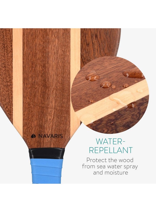Navaris Wooden Beach Rackets Set - Includes 2 Wooden Paddles and 2 Balls - Varnished Outdoor Wood Paddle Bat Ball Game for Park or Garden - Blue - Image 3
