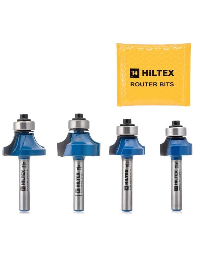 HILTEX 10109H Top Bearing Roundover Router Bit Set, 4 Pieces, 1/4 Inch Shank, CNC Woodworking Tool, 1/8" 3/16" 1/4" 5/16" Cutting Radius for Round Edging, Cabinet Edges - Image 1