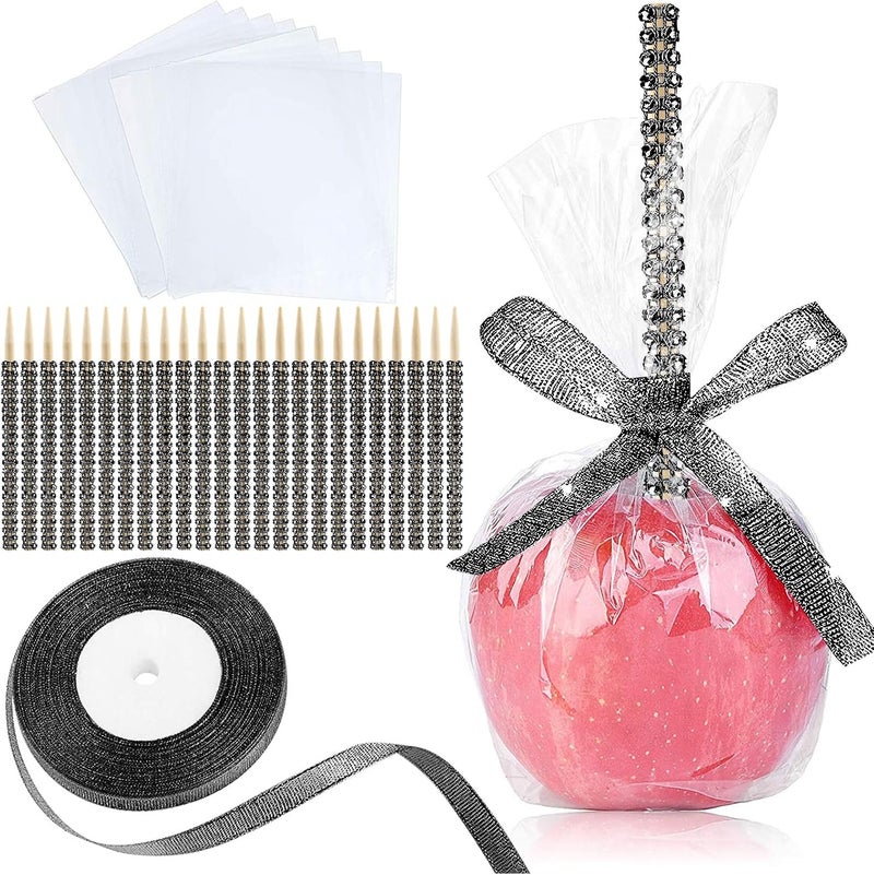 MGWOTH 24 Pack Bling Candy Apple Sticks and Bags Kits, Caramel Apple Wooden Skewers, Bamboo Decorative Sticks for Rice Krispie Treat Cookie Cake Pop Corn Dogs with Glass Wrapper Glitter Ribbons Tie Christmas - Image 1