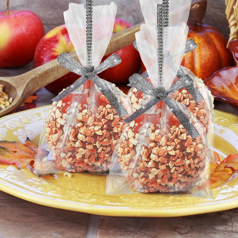 MGWOTH 24 Pack Bling Candy Apple Sticks and Bags Kits, Caramel Apple Wooden Skewers, Bamboo Decorative Sticks for Rice Krispie Treat Cookie Cake Pop Corn Dogs with Glass Wrapper Glitter Ribbons Tie Christmas - Image 2