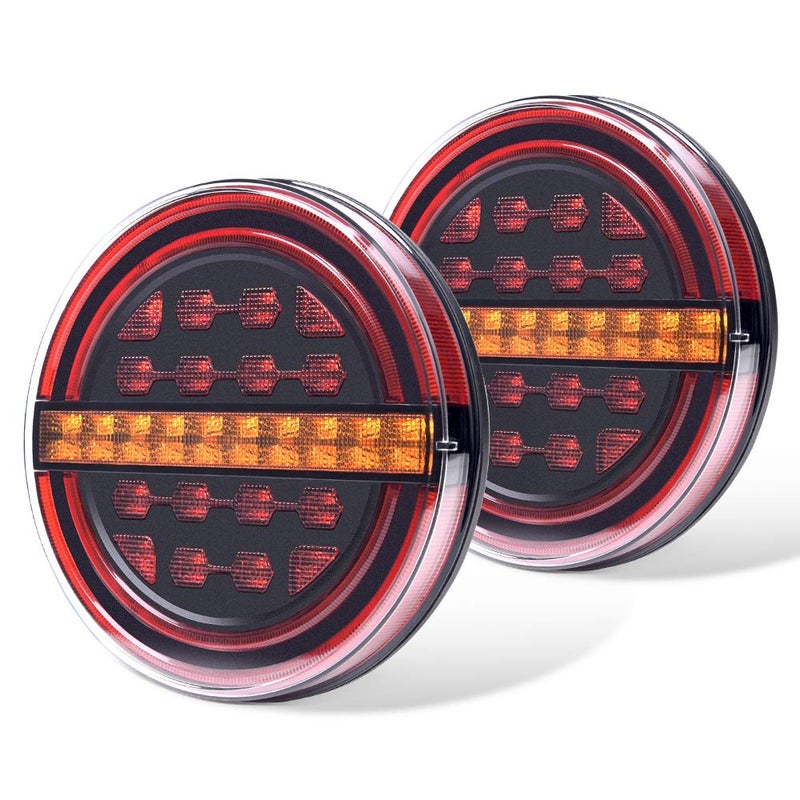 MICTUNING 2PCS 53 بوصة مصابيح خلفية LED للجرارات 12V قابلة للغمر IP67 مقاومة للماء دائرية حمراء برتقالية ضوء فرامل DRL إشارات دوران متدفقة للجرار الشاحنة RV السيارة القارب