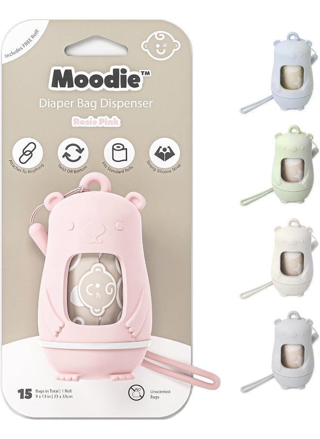 moodie Moodie Teddy Bear Diaper Bag Dispenser | On-the-Go Dispenser With Silicon Strap | 15 Unscented Disposal Bags per Roll | Essential Items (Rosie Pink)  - Image 1