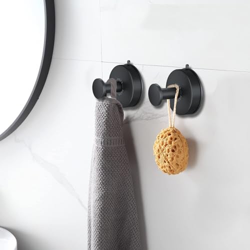 DGYB Suction Cup Hooks for Shower Set of 2 Removable Stainless Steel Towel Hook for Bathroom Glass Window Door Wall and Suction Wreath Hook for Hanging Robe, Loofah, Coat - Black - Image 2