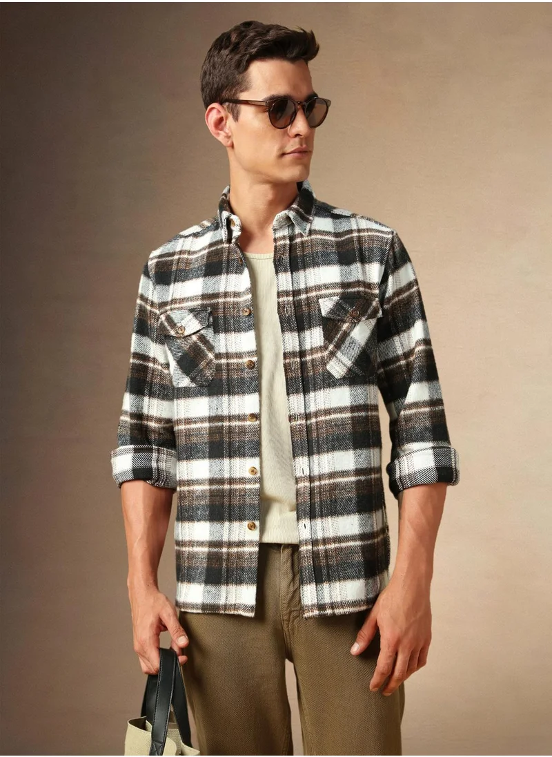 دينيس لينغو Men's Brown 100% Cotton Checkered Shirt