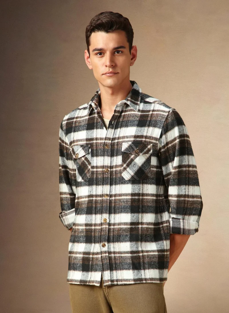 Dennis Lingo Men's Brown 100% Cotton Checkered Shirt