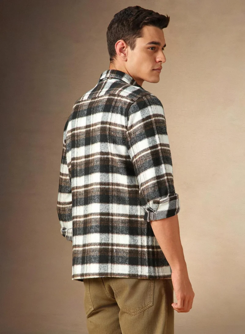 Dennis Lingo Men's Brown 100% Cotton Checkered Shirt