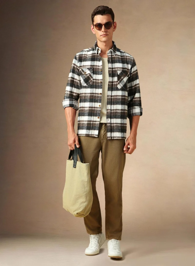 Dennis Lingo Men's Brown 100% Cotton Checkered Shirt