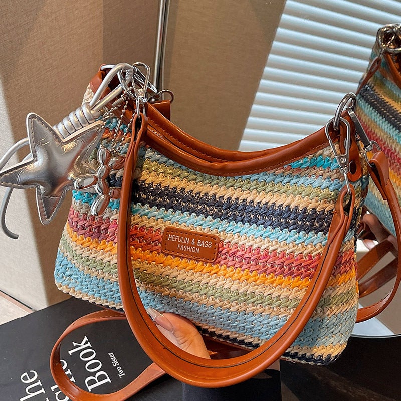 Rainbow Striped Straw Woven Shoulder Bag for Women - Image 2