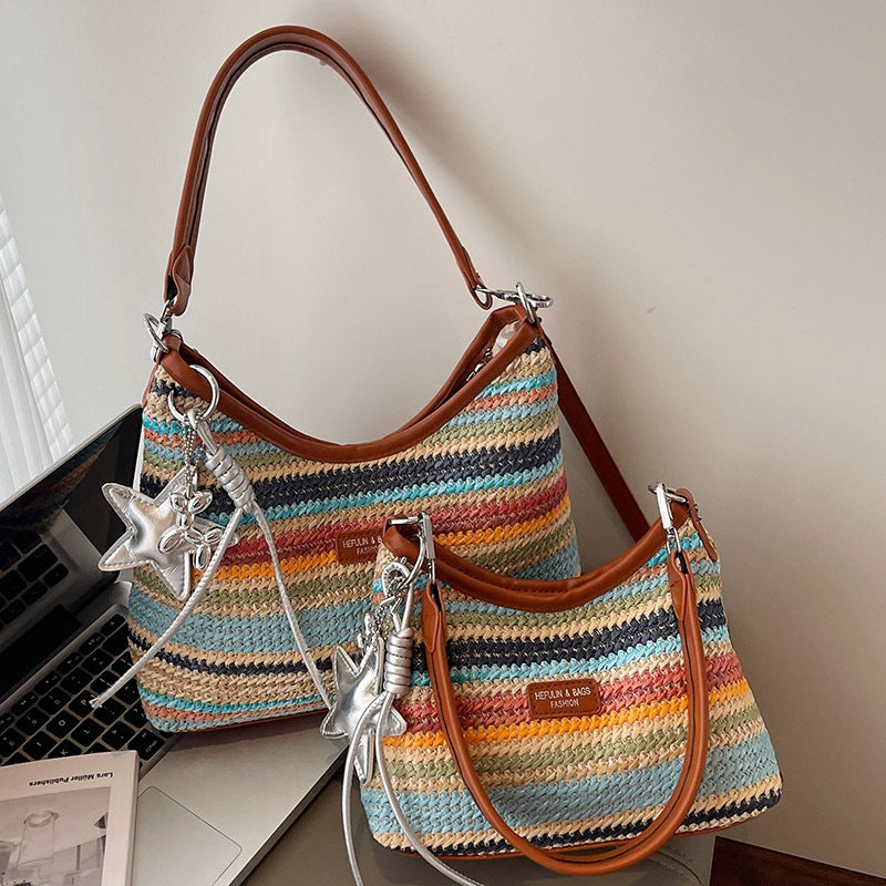 Rainbow Striped Straw Woven Shoulder Bag for Women - Image 1