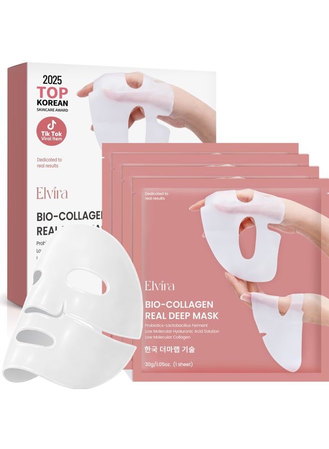 Elvira Bio-Collagen Face Mask - Deep Hydration Night Face Mask, Korean Skin Care, Facial Treatments & Masks for Women - Firmness & Hydration, Pack of 4 - Image 1