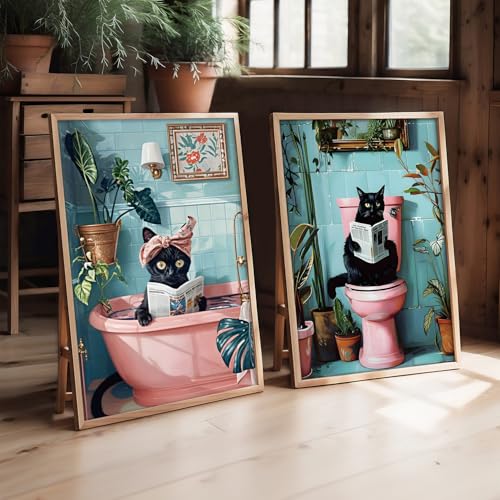 SHVCHBK 2 Pcs Cute Black Cat Bathroom Wall Art Funny Cat Reading Newspaper Paintings Pictures Wall Decor Pink Animal Plant Posters Prints for Bathroom Toilet Decorations Unframed 12x16 Inch - Image 2
