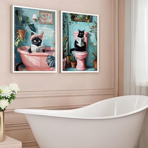 SHVCHBK 2 Pcs Cute Black Cat Bathroom Wall Art Funny Cat Reading Newspaper Paintings Pictures Wall Decor Pink Animal Plant Posters Prints for Bathroom Toilet Decorations Unframed 12x16 Inch - Image 3