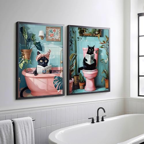 SHVCHBK 2 Pcs Cute Black Cat Bathroom Wall Art Funny Cat Reading Newspaper Paintings Pictures Wall Decor Pink Animal Plant Posters Prints for Bathroom Toilet Decorations Unframed 12x16 Inch - Image 5