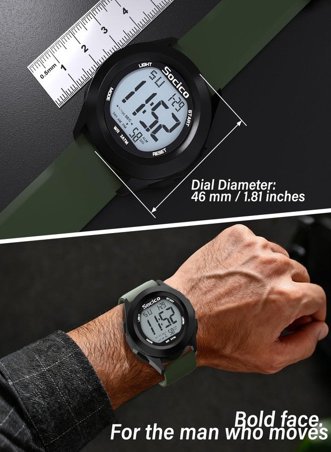 SOCICO Mens Digital Watch Sports Waterproof Outdoor Large Face Military Watches with Stopwatch Back Light Alarm Date Display, Green, Sport - Image 2