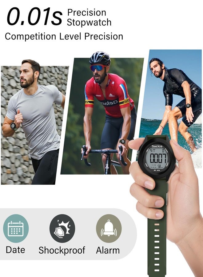 SOCICO Mens Digital Watch Sports Waterproof Outdoor Large Face Military Watches with Stopwatch Back Light Alarm Date Display, Green, Sport - Image 5