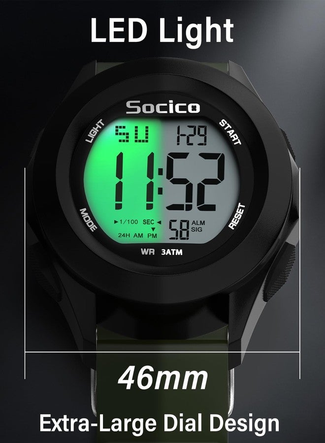 SOCICO Mens Digital Watch Sports Waterproof Outdoor Large Face Military Watches with Stopwatch Back Light Alarm Date Display, Green, Sport - Image 4