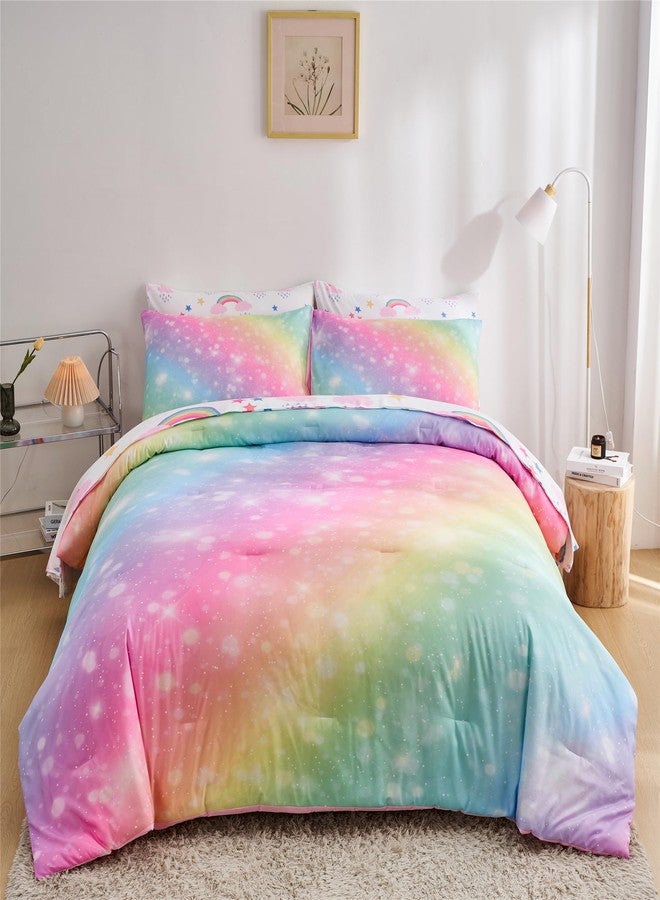 URLINENS Rainbow Girls Queen Comforter Set with Sheets, 7 Pieces Queen Bed in a Bag with Comforter, Sheets and Pillowcases, Soft Microfiber Pastel Fun Girly Queen Bedding Set for Kids Teens Women - Image 1
