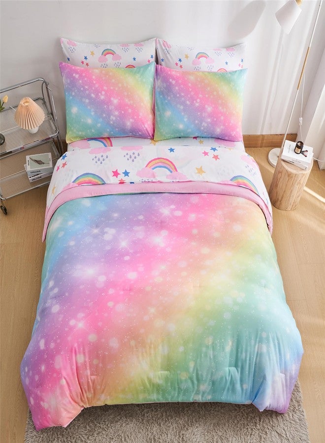 URLINENS Rainbow Girls Queen Comforter Set with Sheets, 7 Pieces Queen Bed in a Bag with Comforter, Sheets and Pillowcases, Soft Microfiber Pastel Fun Girly Queen Bedding Set for Kids Teens Women - Image 3