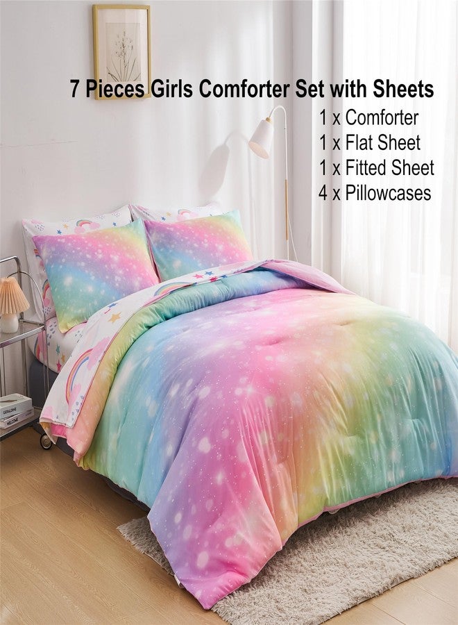 URLINENS Rainbow Girls Queen Comforter Set with Sheets, 7 Pieces Queen Bed in a Bag with Comforter, Sheets and Pillowcases, Soft Microfiber Pastel Fun Girly Queen Bedding Set for Kids Teens Women - Image 2