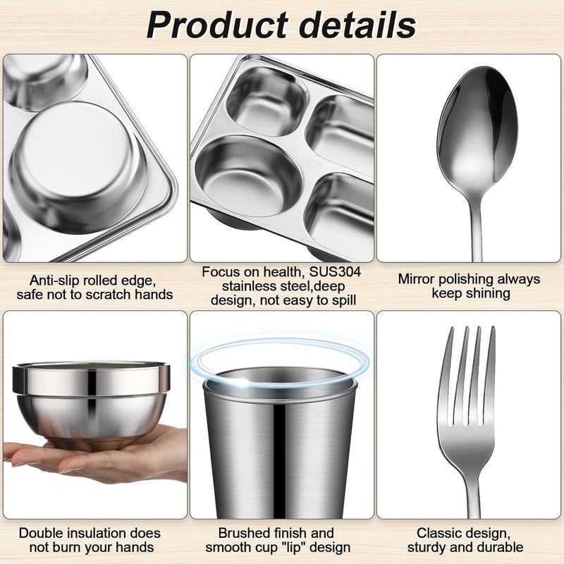Potchen 20 Pcs Stainless Steel Plates Bowls Cups Spoons Forks Stainless Steel Dinnerware Set Divided Plates Dinner Tray for Home Kitchen Restaurant5 Compartment - Image 2