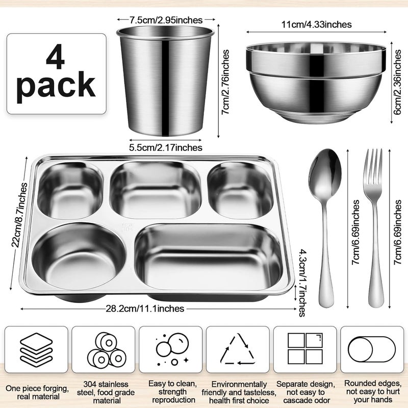 Potchen 20 Pcs Stainless Steel Plates Bowls Cups Spoons Forks Stainless Steel Dinnerware Set Divided Plates Dinner Tray for Home Kitchen Restaurant5 Compartment - Image 3