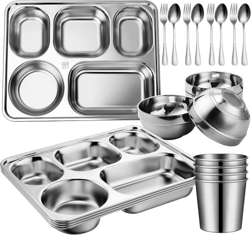 Potchen 20 Pcs Stainless Steel Plates Bowls Cups Spoons Forks Stainless Steel Dinnerware Set Divided Plates Dinner Tray for Home Kitchen Restaurant5 Compartment - Image 1