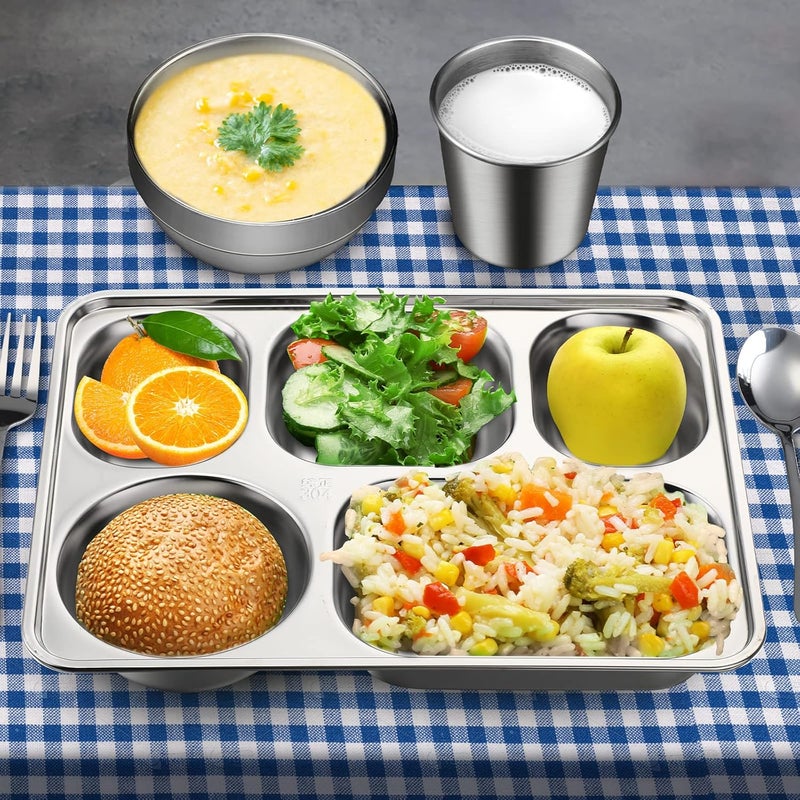 Potchen 20 Pcs Stainless Steel Plates Bowls Cups Spoons Forks Stainless Steel Dinnerware Set Divided Plates Dinner Tray for Home Kitchen Restaurant5 Compartment - Image 4