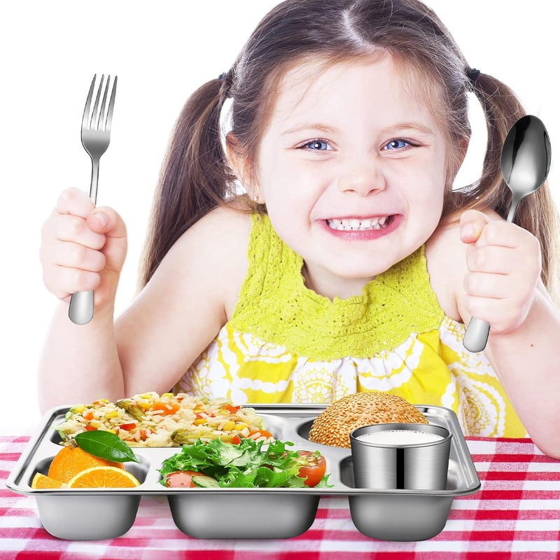 Potchen 20 Pcs Stainless Steel Plates Bowls Cups Spoons Forks Stainless Steel Dinnerware Set Divided Plates Dinner Tray for Home Kitchen Restaurant5 Compartment - Image 5