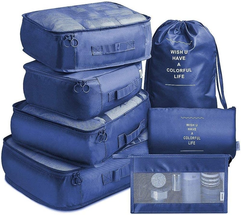TS WITH TECHSUN 7 Pcs Travel Organizer Pouch Packing Cubes for Clothes Space Savers Bags Cosmetics/Underwear/Socks/Shoes Toiletry Bag Laundry Organiser (Nylon) (Navy Blue) - Image 1