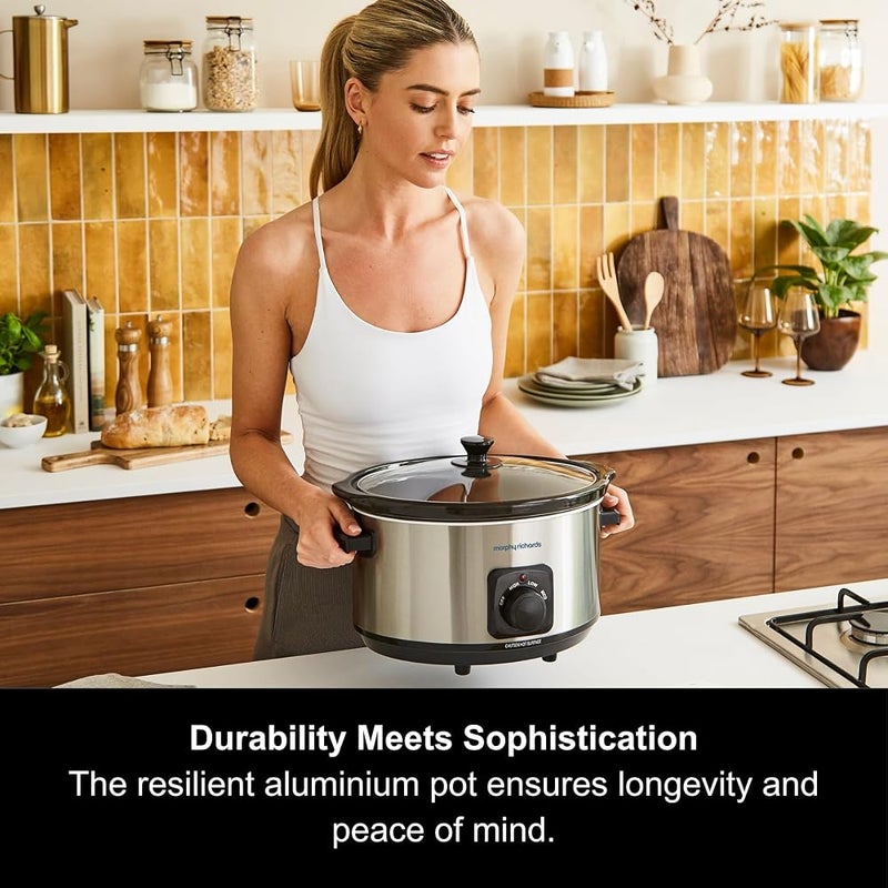 Morphy Richards 6.5L Slow Cooker, Ceramic Pot, 3 Cooking Settings, Easy Clean, Silver, 461013, Brushed Steel - Image 3