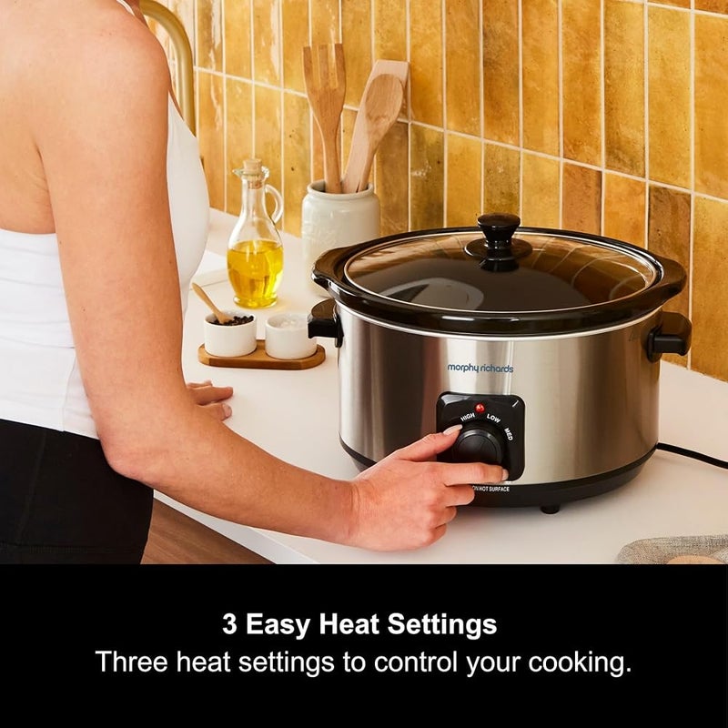 Morphy Richards 6.5L Slow Cooker, Ceramic Pot, 3 Cooking Settings, Easy Clean, Silver, 461013, Brushed Steel - Image 2