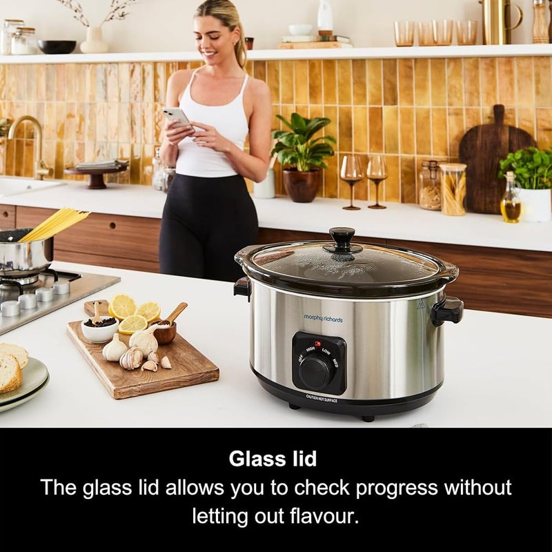 Morphy Richards 6.5L Slow Cooker, Ceramic Pot, 3 Cooking Settings, Easy Clean, Silver, 461013, Brushed Steel - Image 4