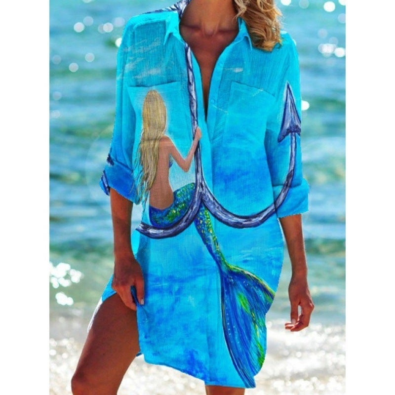 Women's Summer Printed Loose Shirt with Sun Protection for Beach - Image 3