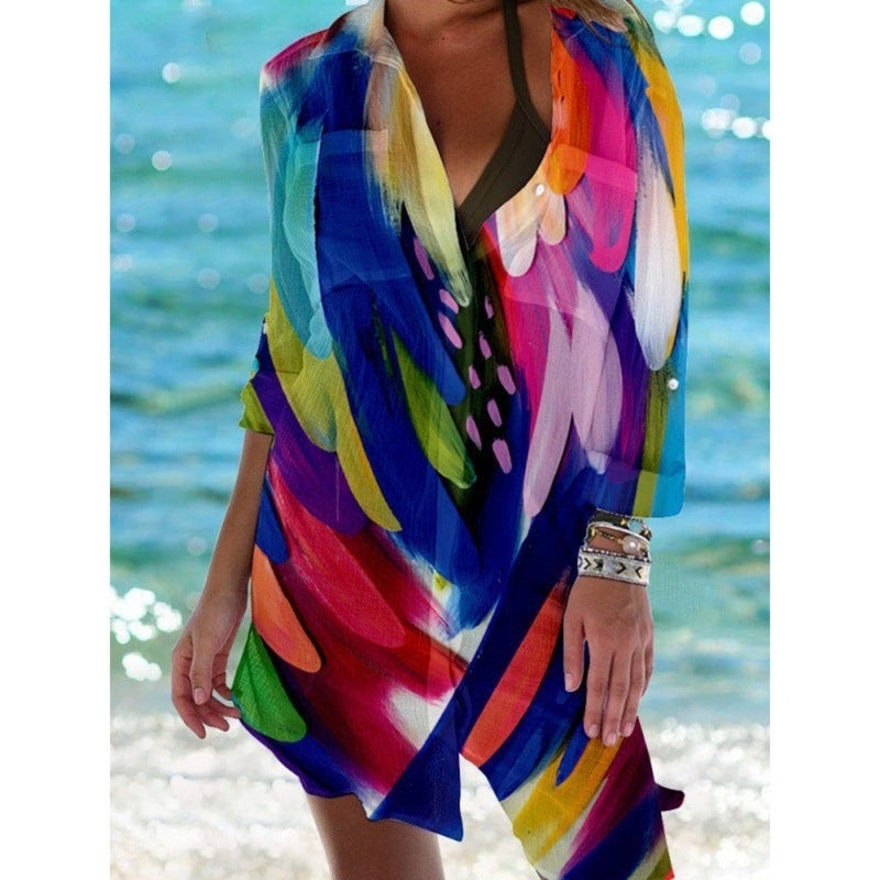 Women's Summer Printed Loose Shirt with Sun Protection for Beach - Image 4