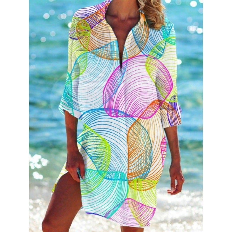 Women's Summer Printed Loose Shirt with Sun Protection for Beach - Image 2