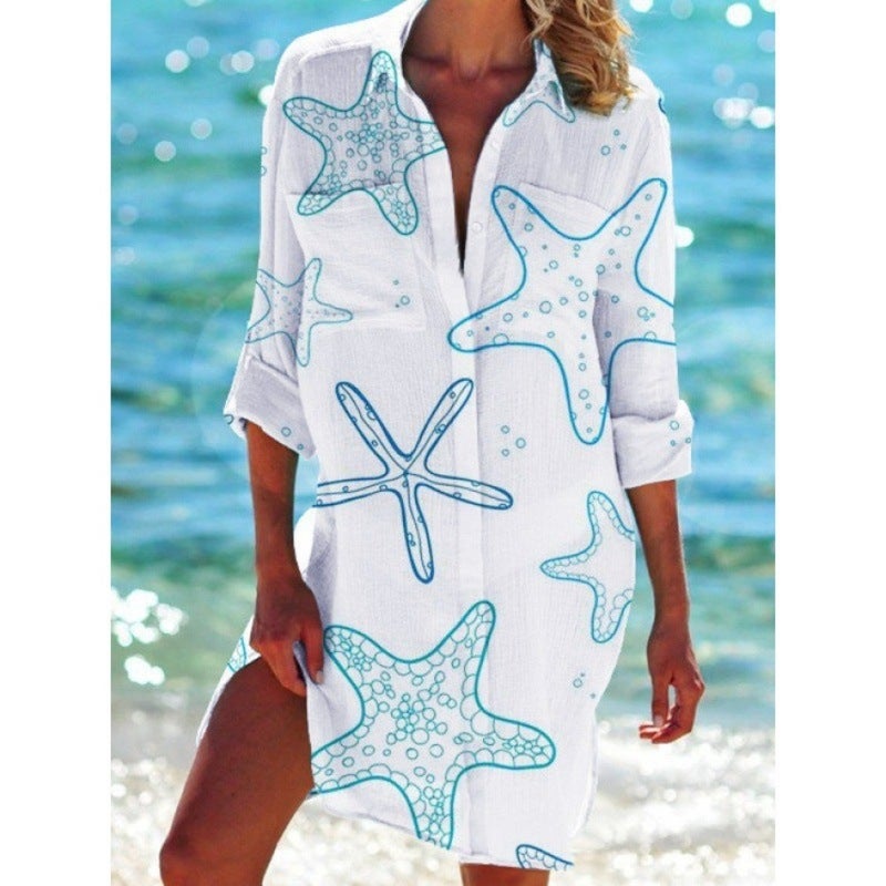 Women's Summer Printed Loose Shirt with Sun Protection for Beach - Image 5
