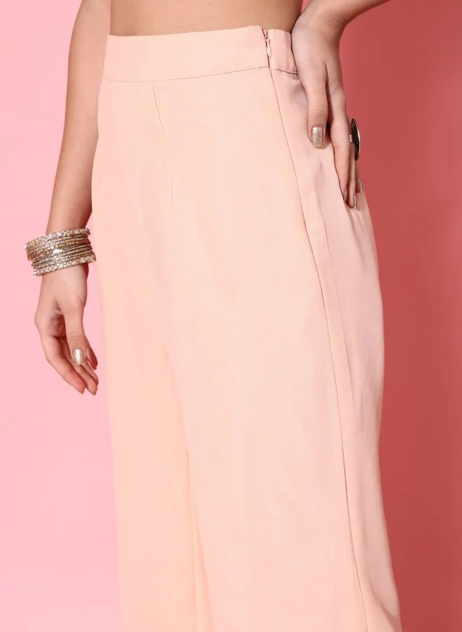 STREET 9 Peach-Coloured Embroidered Top with Trousers and Dupatta for Women