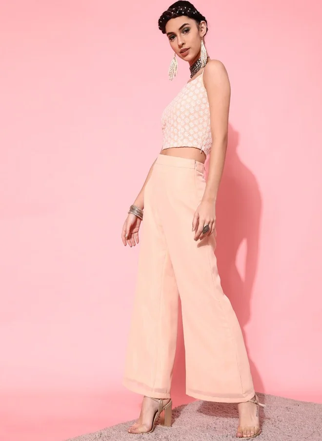 STREET 9 Peach-Coloured Embroidered Top with Trousers and Dupatta for Women