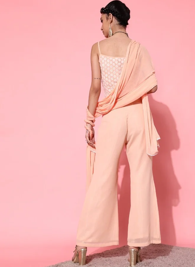 STREET 9 Peach-Coloured Embroidered Top with Trousers and Dupatta for Women