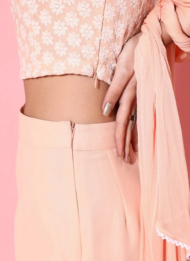 STREET 9 Peach-Coloured Embroidered Top with Trousers and Dupatta for Women